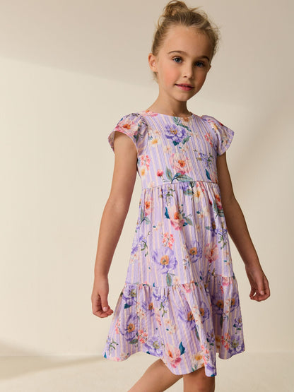 Lilac Floral Angel Sleeve Crinkle Dress (3-16yrs) image 1