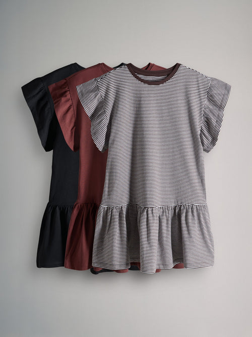 Dsiney Kidz - The Set Short Frill Sleeve Drop Waist Jersey Dresses 3 Pack Black/Brown Stripe/Red image 1