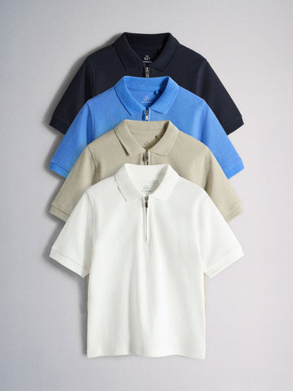 Dsiney Kidz - The Set 4 Pack Textured Jersey Zip Neck Short Sleeve Polos Blue/Ecru/Brown image 1