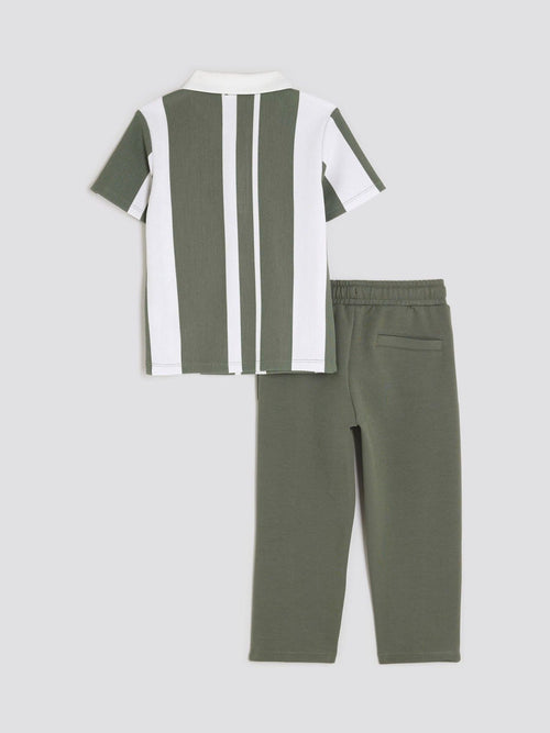 River Island Green Boys Stripe Polo Joggers Set image 1