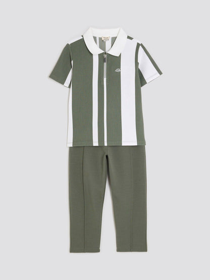 River Island Green Boys Stripe Polo Joggers Set image 2