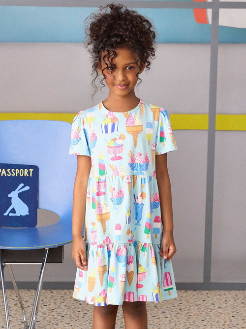 Dsiney Kidz - Joules Girls' Nellie Blue Ice Cream Short Sleeve Tiered Jersey Dress image 1