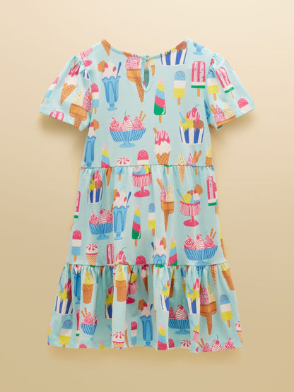 Joules Girls' Nellie Blue Ice Cream Short Sleeve Tiered Jersey Dress image 4
