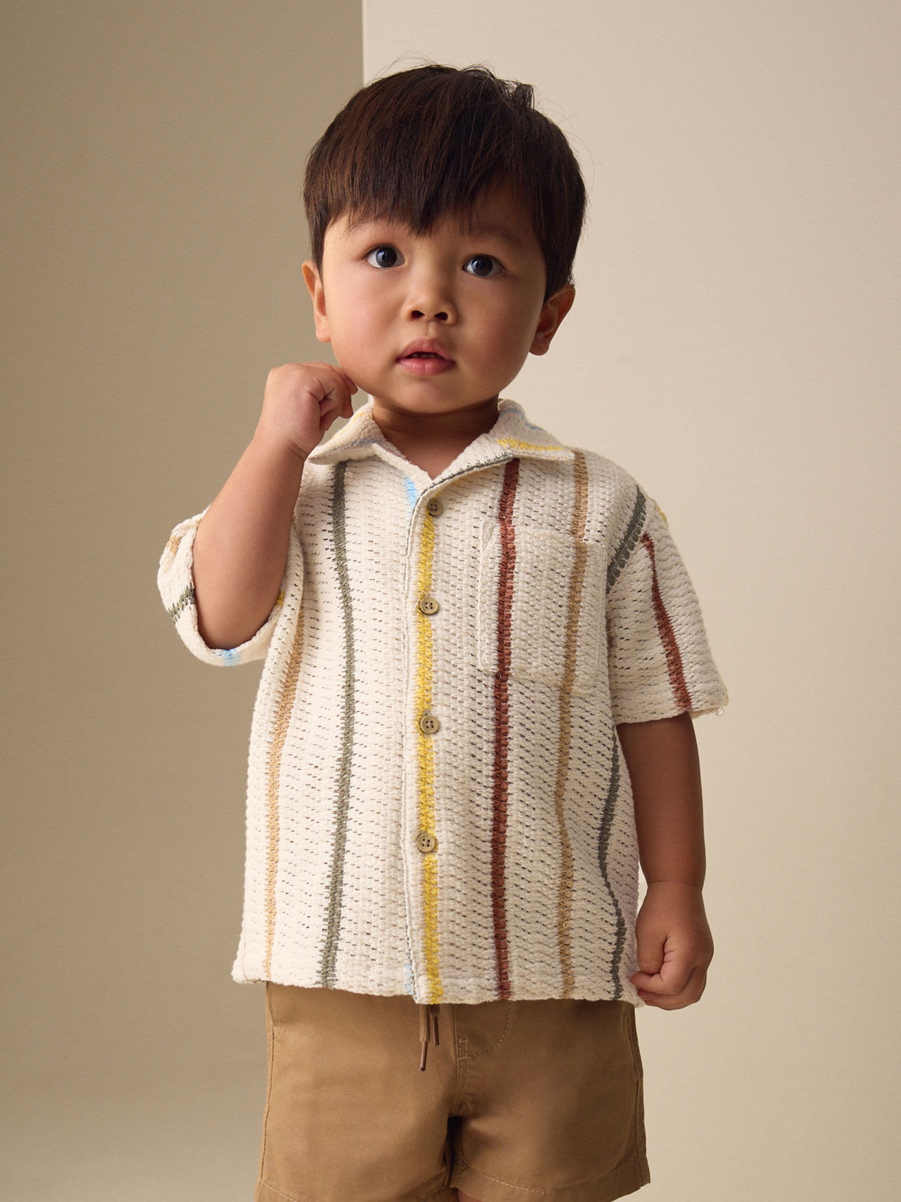 Dsiney Kidz - Ecru Striped Short Sleeve Revere Collar Textured Shirt (3mths-7yrs) image 1