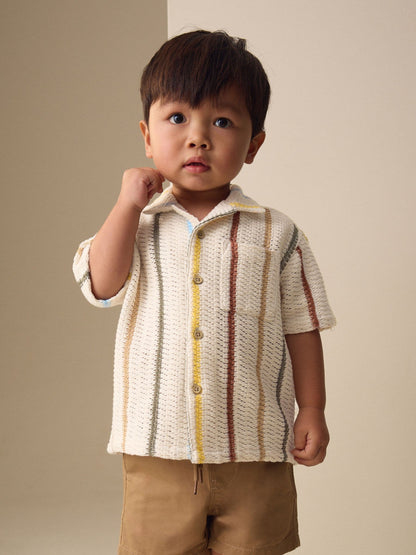 Dsiney Kidz - Ecru Striped Short Sleeve Revere Collar Textured Shirt (3mths-7yrs) image 1