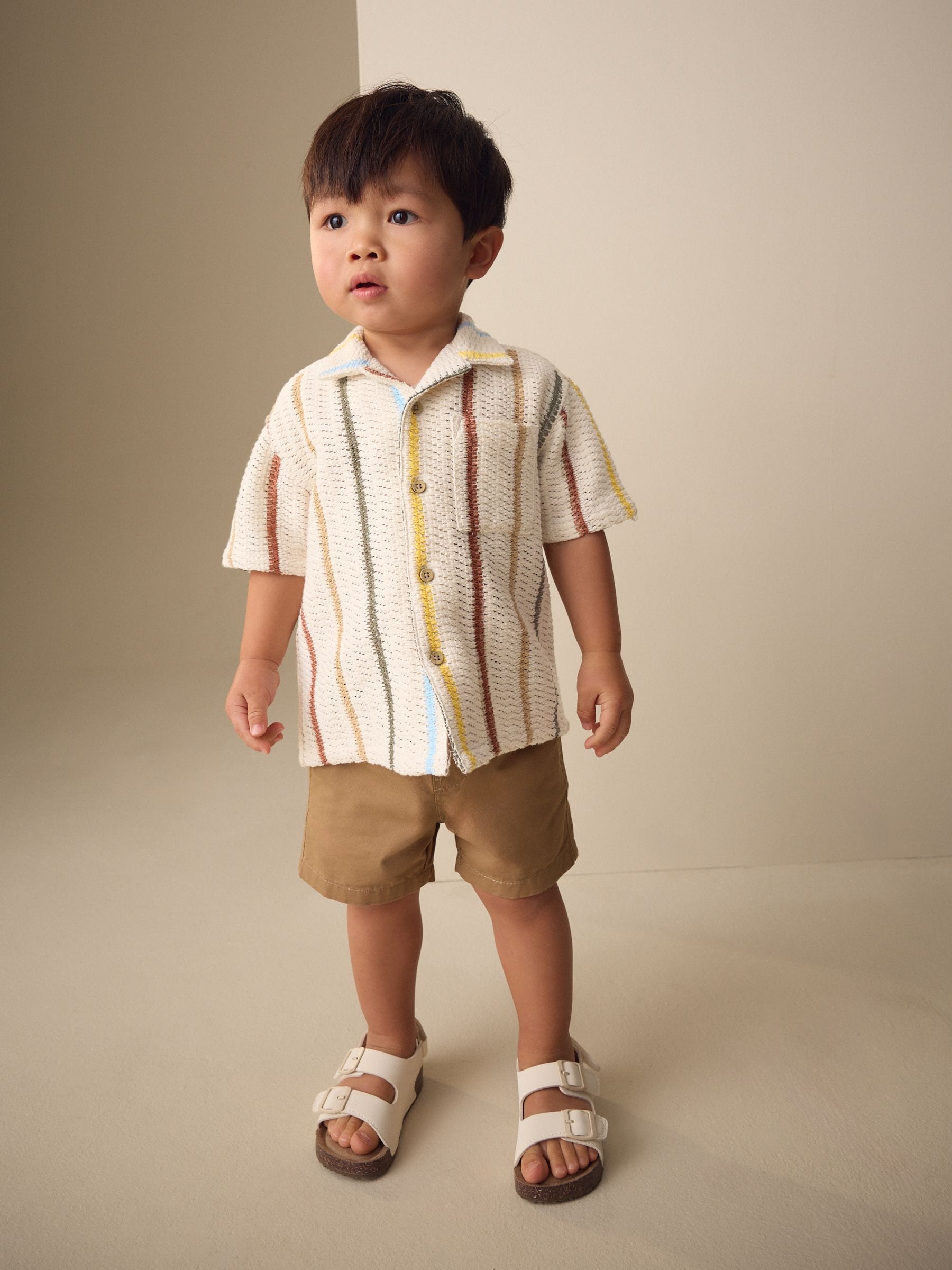Dsiney Kidz - Ecru Striped Short Sleeve Revere Collar Textured Shirt (3mths-7yrs) image 2
