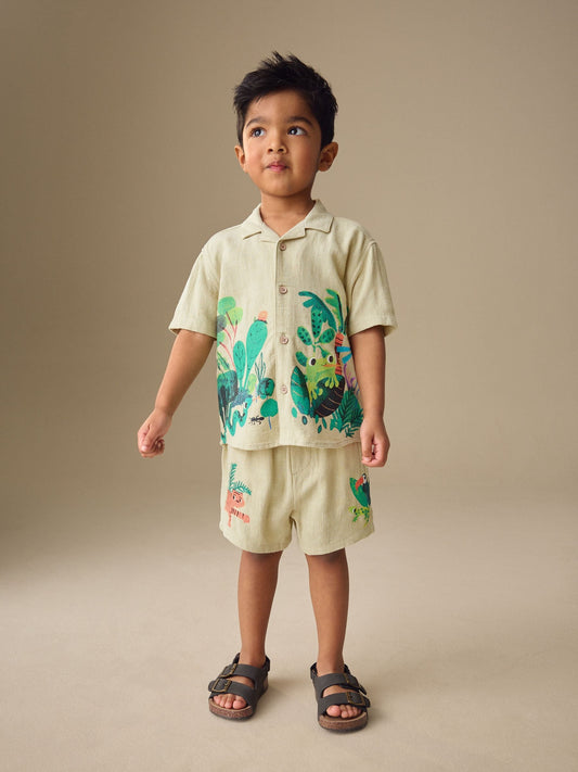 Light Green Jungle Print Short Sleeve Revere Collar Shirt & Shorts Set (3mths-10yrs) image 1