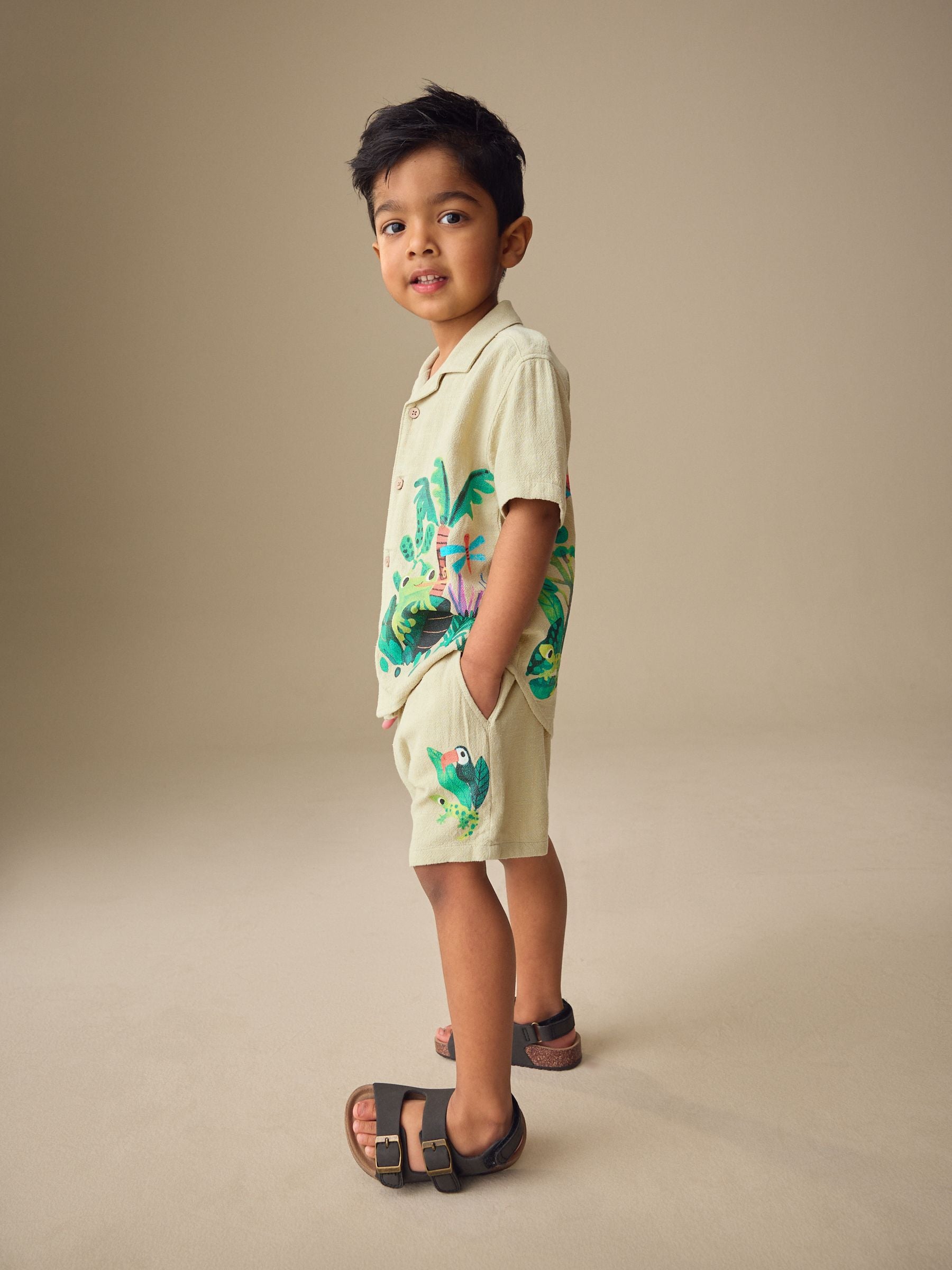 Light Green Jungle Print Short Sleeve Revere Collar Shirt & Shorts Set (3mths-10yrs) image 3