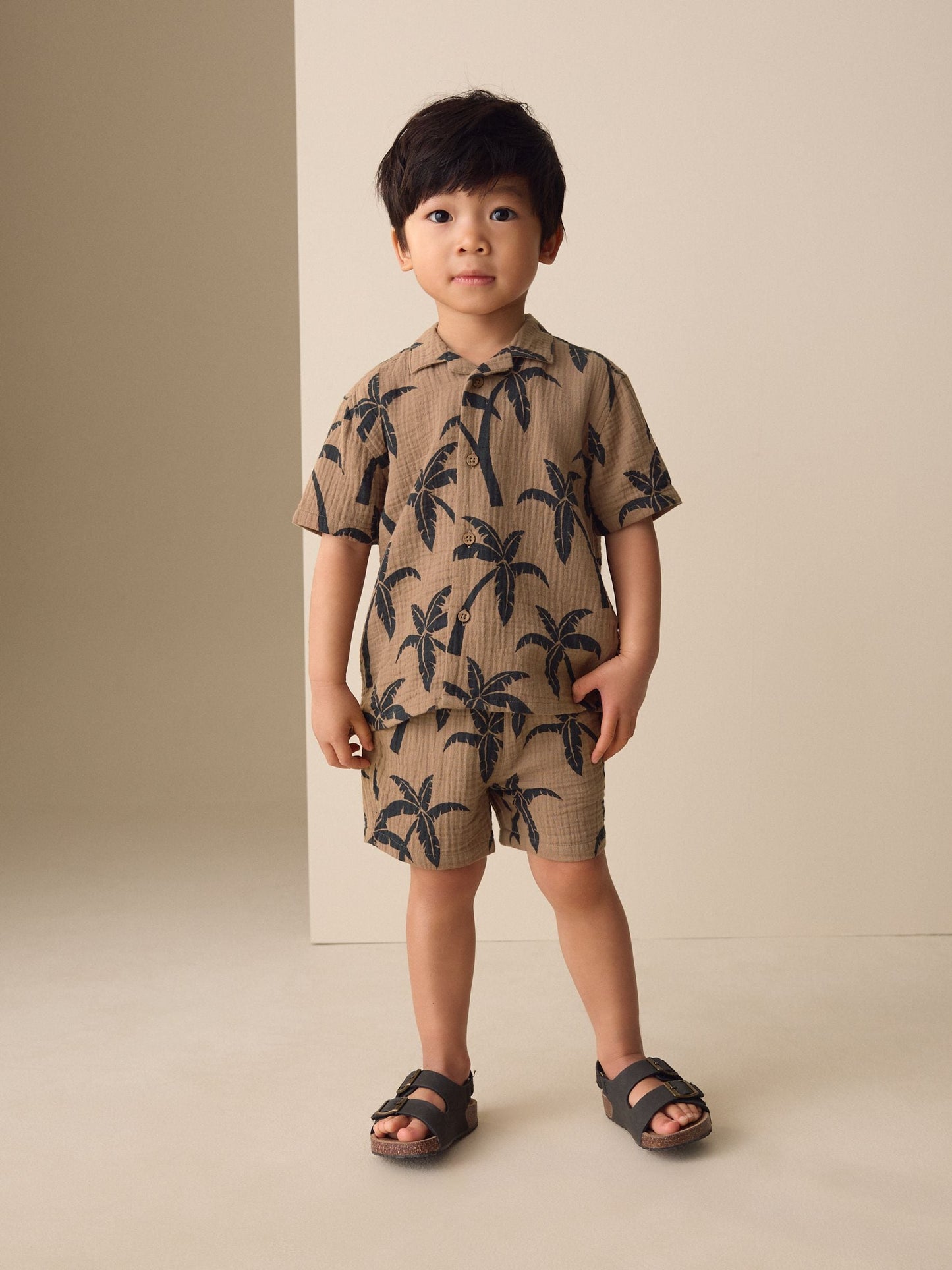 Brown All over Print Palm Short Sleeve Double Cloth Shirt & Shorts Set (3mths-10yrs) image 1