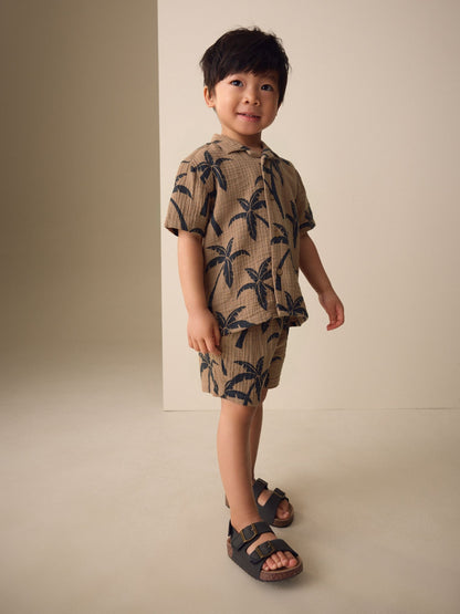 Brown All over Print Palm Short Sleeve Double Cloth Shirt & Shorts Set (3mths-10yrs) image 3