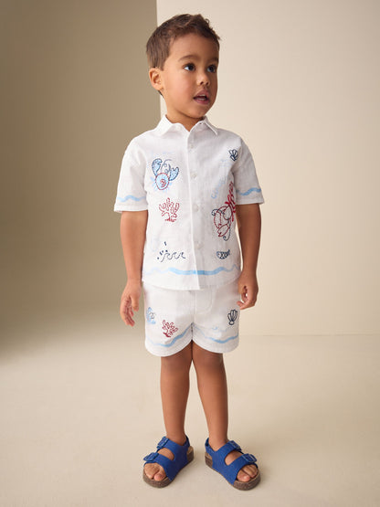 White Sealife Embroidery Short Sleeve Shirt & Shorts Set (3mths-10yrs) image 1