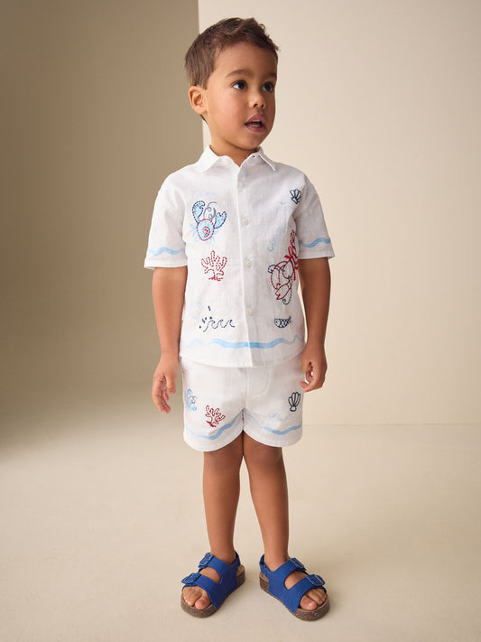 White Sealife Embroidery Short Sleeve Shirt & Shorts Set (3mths-10yrs) image 1