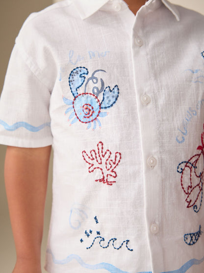 White Sealife Embroidery Short Sleeve Shirt & Shorts Set (3mths-10yrs) image 3