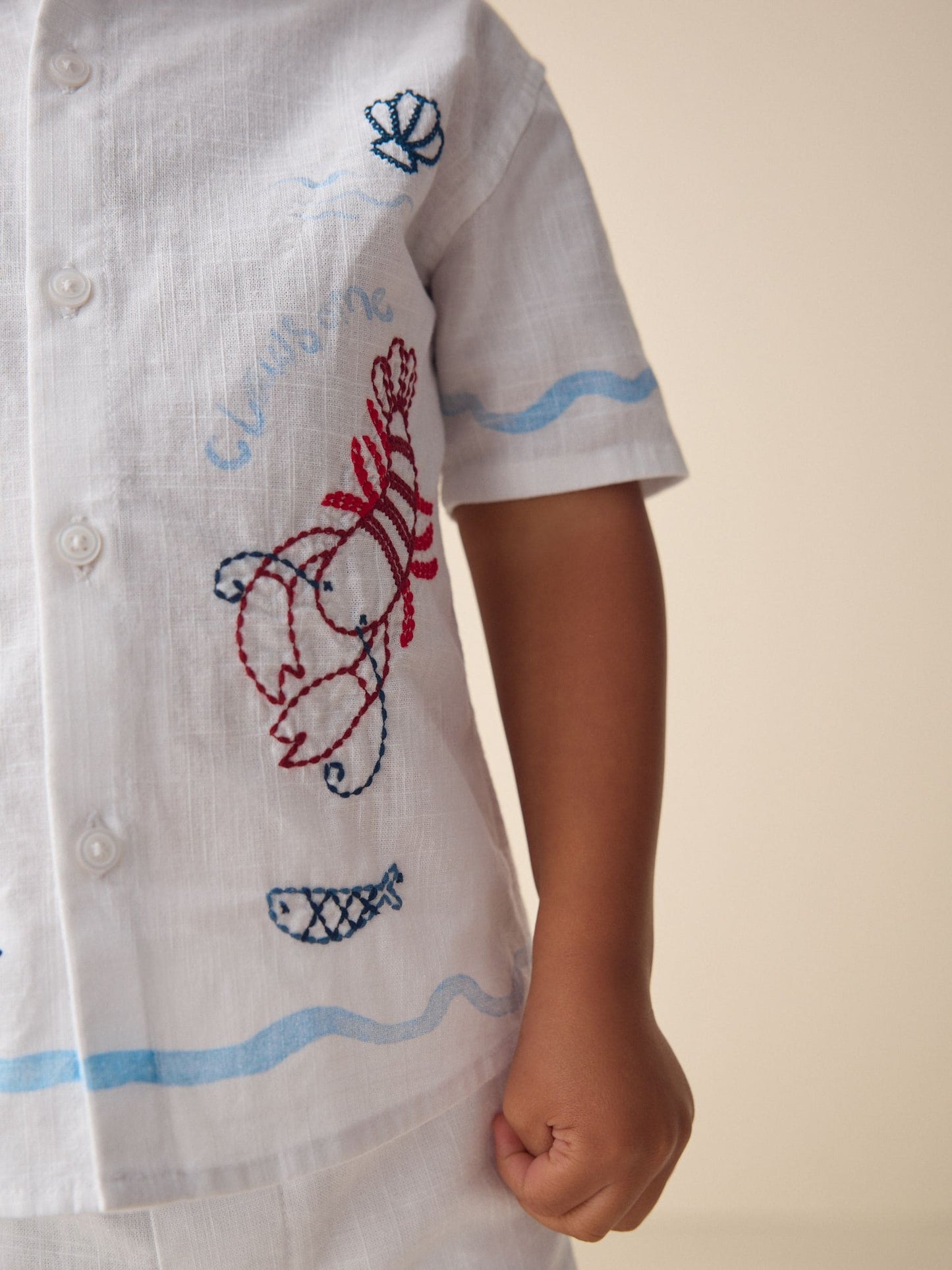 White Sealife Embroidery Short Sleeve Shirt & Shorts Set (3mths-10yrs) image 5