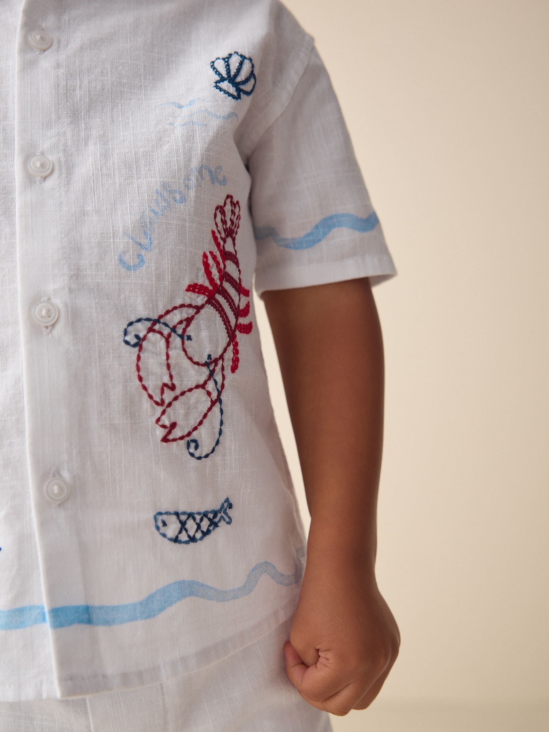 White Sealife Embroidery Short Sleeve Shirt & Shorts Set (3mths-10yrs) image 5