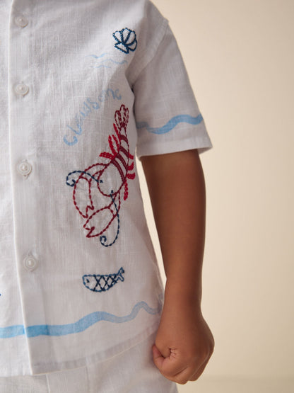 White Sealife Embroidery Short Sleeve Shirt & Shorts Set (3mths-10yrs) image 5