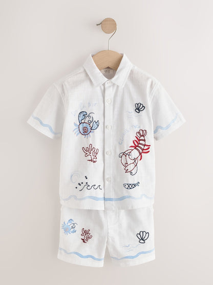 White Sealife Embroidery Short Sleeve Shirt & Shorts Set (3mths-10yrs) image 6