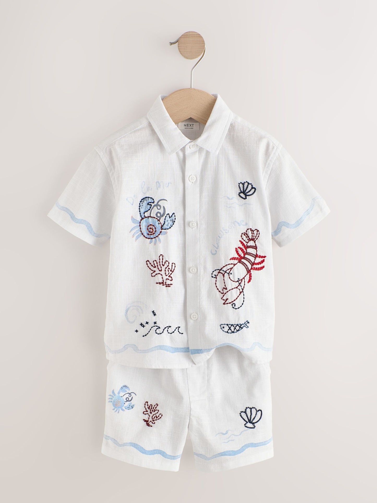 White Sealife Embroidery Short Sleeve Shirt & Shorts Set (3mths-10yrs) image 7