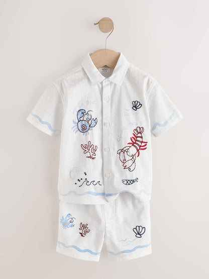 White Sealife Embroidery Short Sleeve Shirt & Shorts Set (3mths-10yrs) image 7