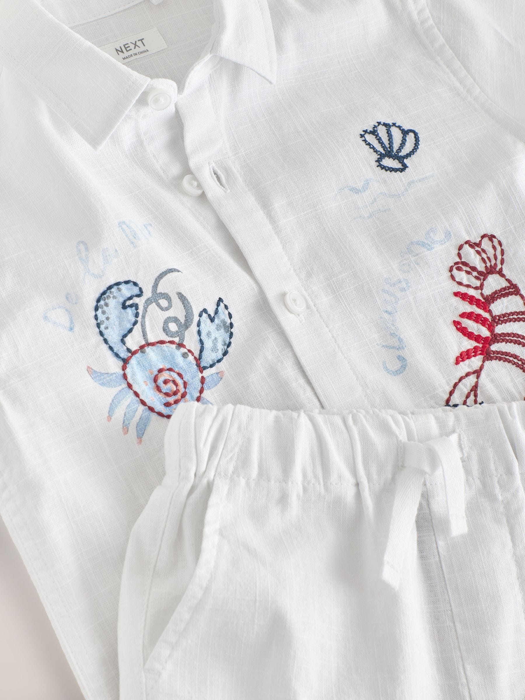 White Sealife Embroidery Short Sleeve Shirt & Shorts Set (3mths-10yrs) image 9