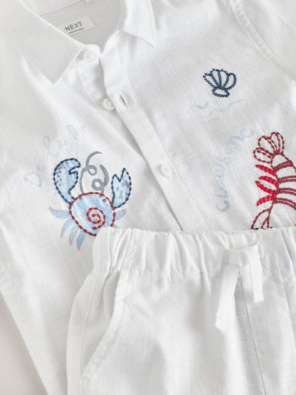 White Sealife Embroidery Short Sleeve Shirt & Shorts Set (3mths-10yrs) image 9