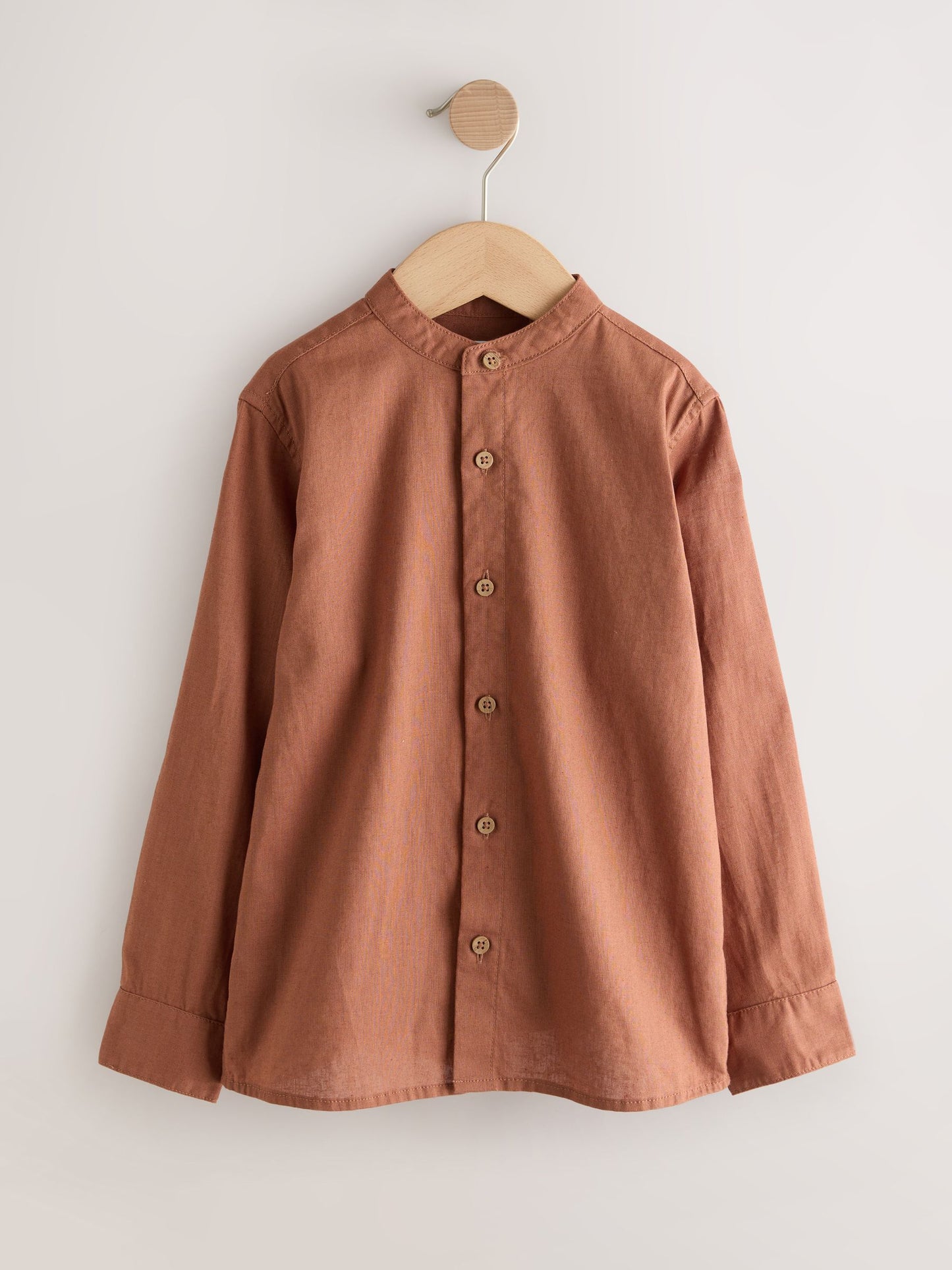 Dsiney Kidz - Rust Brown Grandad Collar Linen Mix Long Sleeve Shirt (3-16yrs) image 1
