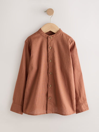 Dsiney Kidz - Rust Brown Grandad Collar Linen Mix Long Sleeve Shirt (3-16yrs) image 1