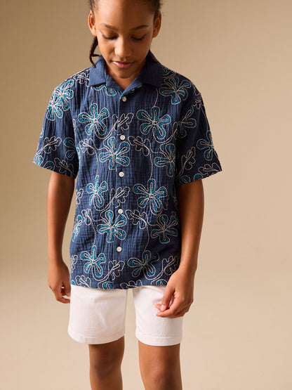 Dsiney Kidz - Dark Blue Embroidery Flowers Short Sleeve Revere Collar Shirt (3-16yrs) image 1