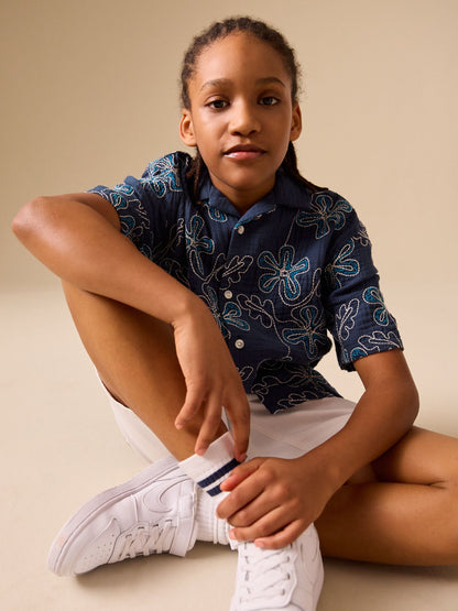 Dsiney Kidz - Dark Blue Embroidery Flowers Short Sleeve Revere Collar Shirt (3-16yrs) image 2