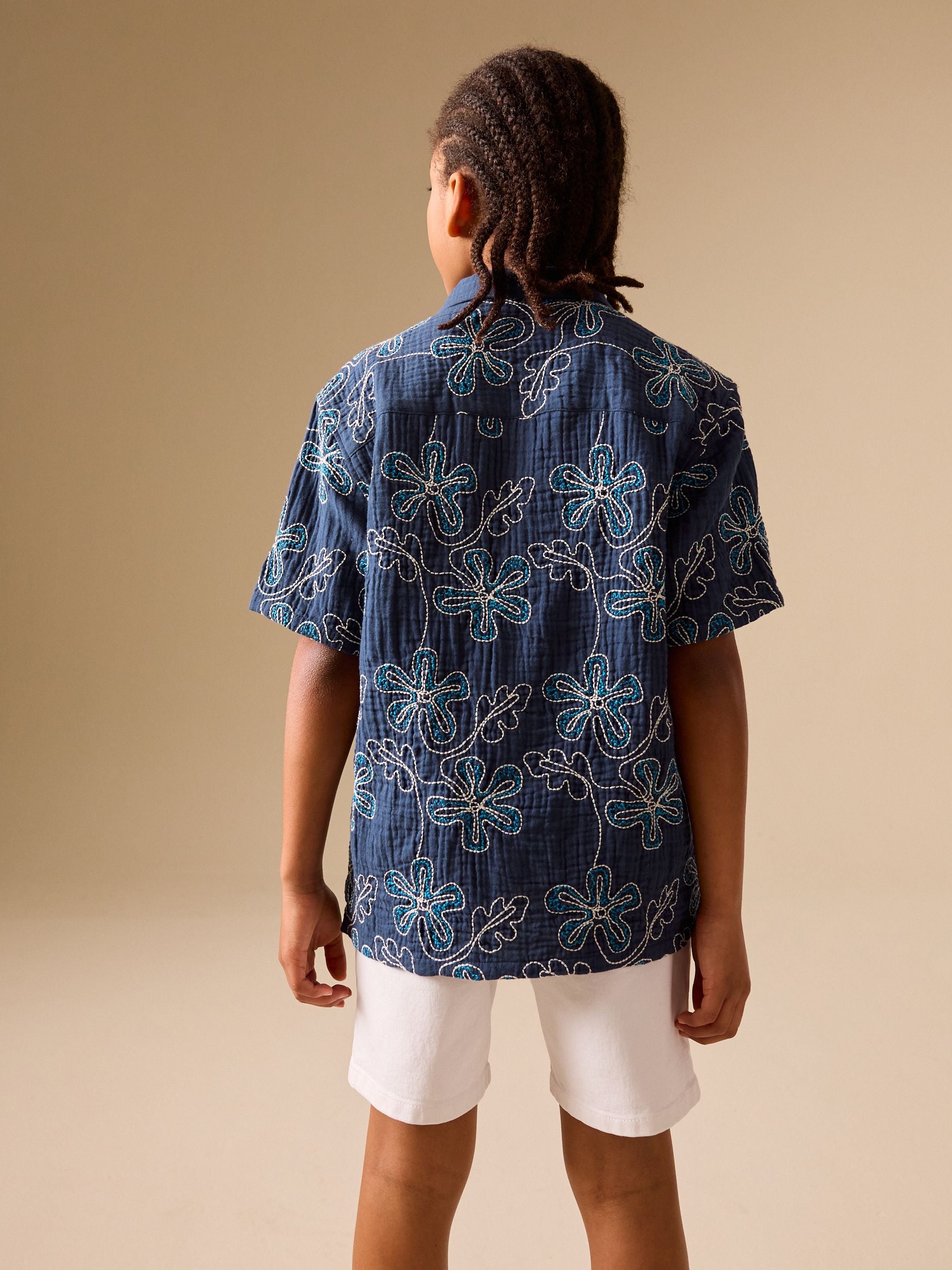 Dsiney Kidz - Dark Blue Embroidery Flowers Short Sleeve Revere Collar Shirt (3-16yrs) image 3