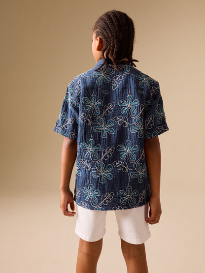Dsiney Kidz - Dark Blue Embroidery Flowers Short Sleeve Revere Collar Shirt (3-16yrs) image 3