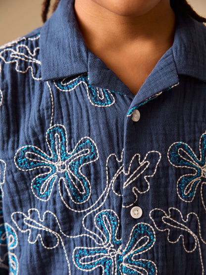 Dsiney Kidz - Dark Blue Embroidery Flowers Short Sleeve Revere Collar Shirt (3-16yrs) image 4