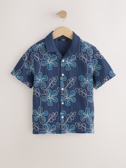 Dsiney Kidz - Dark Blue Embroidery Flowers Short Sleeve Revere Collar Shirt (3-16yrs) image 5