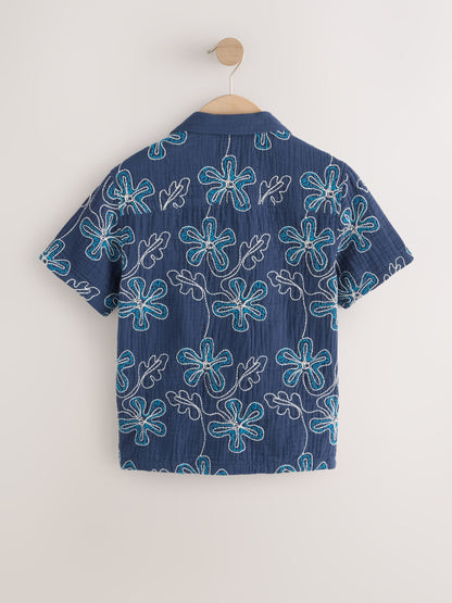 Dsiney Kidz - Dark Blue Embroidery Flowers Short Sleeve Revere Collar Shirt (3-16yrs) image 6