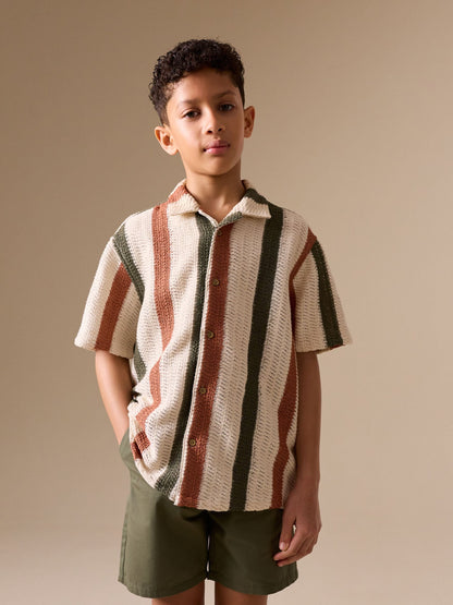 Dsiney Kidz - Ecru Short Sleeve Textured Stripe Revere Shirt (3-16yrs) image 1