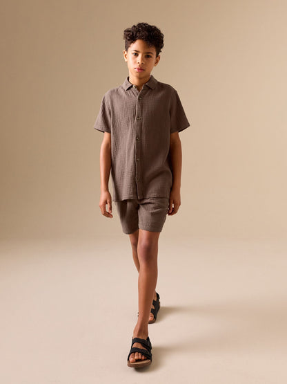 Dsiney Kidz - Chocolate Brown Short Sleeve Double Cloth Textured Shirt and Shorts Set (3-16yrs) image 1