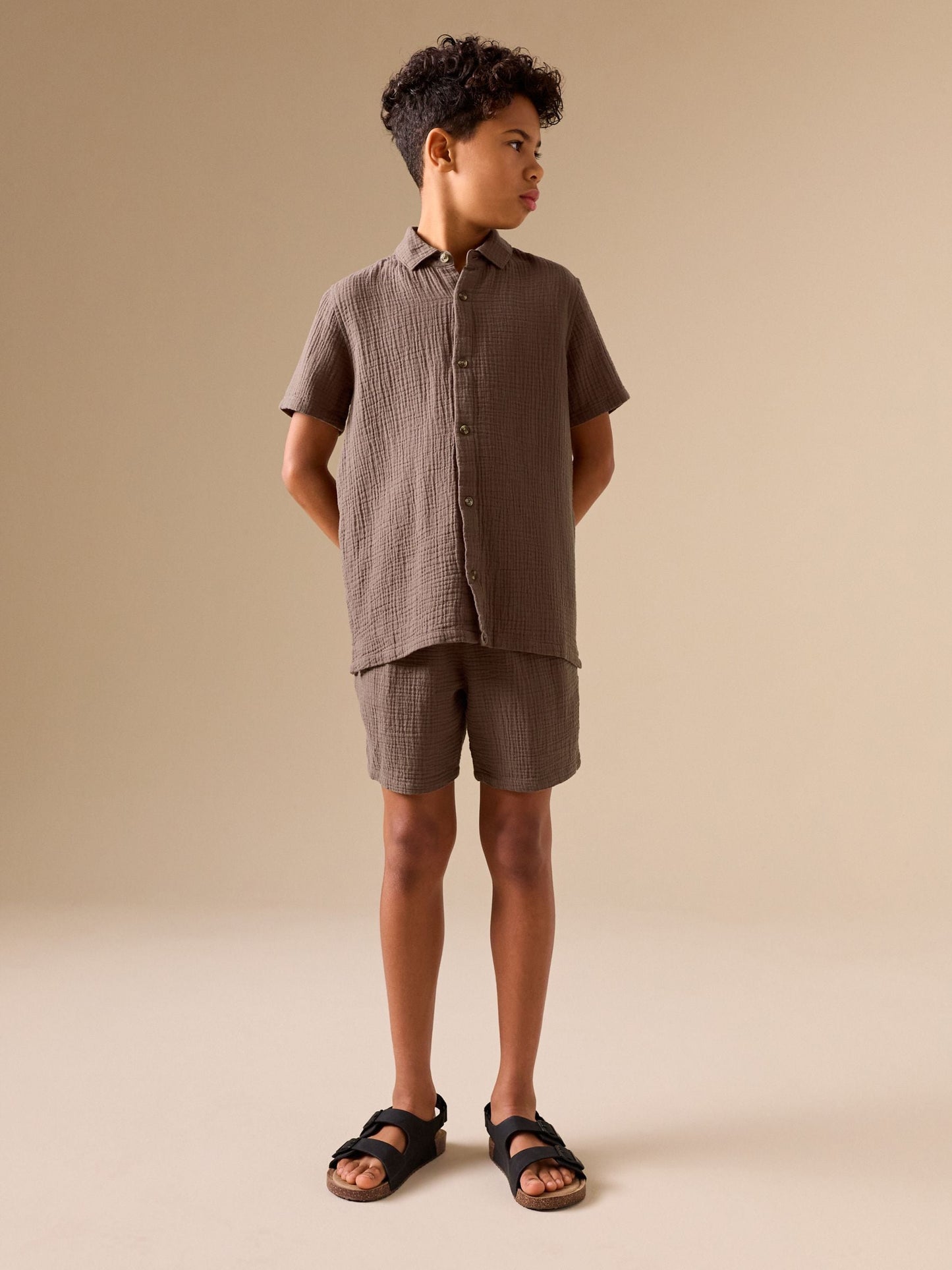 Dsiney Kidz - Chocolate Brown Short Sleeve Double Cloth Textured Shirt and Shorts Set (3-16yrs) image 2