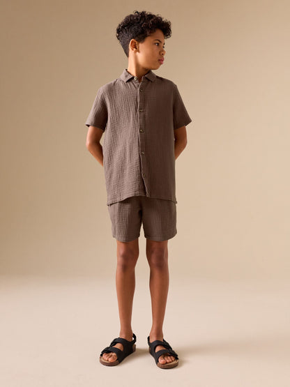 Dsiney Kidz - Chocolate Brown Short Sleeve Double Cloth Textured Shirt and Shorts Set (3-16yrs) image 2