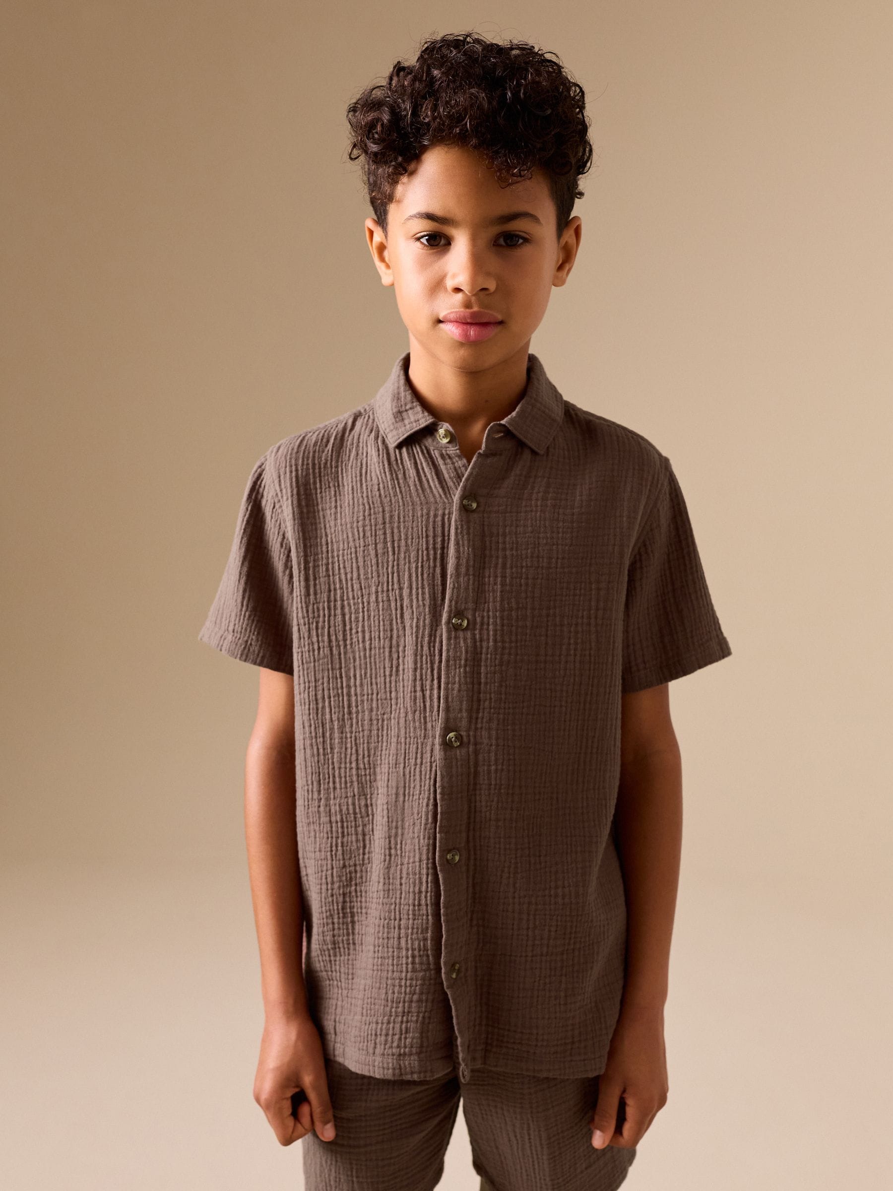 Dsiney Kidz - Chocolate Brown Short Sleeve Double Cloth Textured Shirt and Shorts Set (3-16yrs) image 3