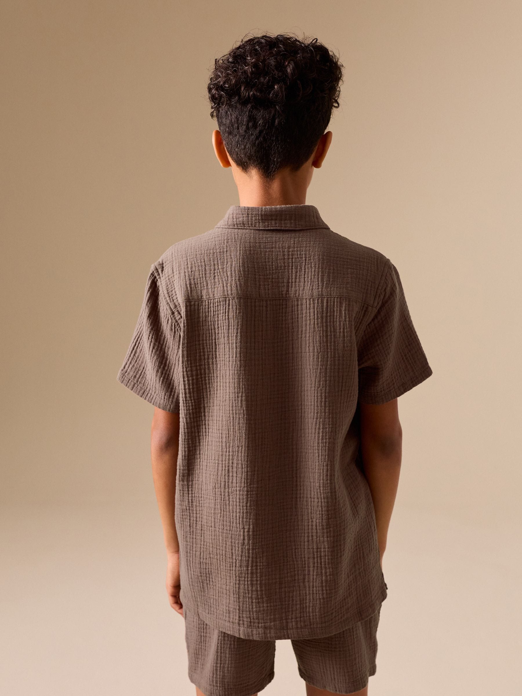 Dsiney Kidz - Chocolate Brown Short Sleeve Double Cloth Textured Shirt and Shorts Set (3-16yrs) image 4