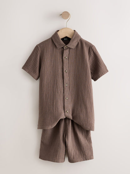 Dsiney Kidz - Chocolate Brown Short Sleeve Double Cloth Textured Shirt and Shorts Set (3-16yrs) image 6