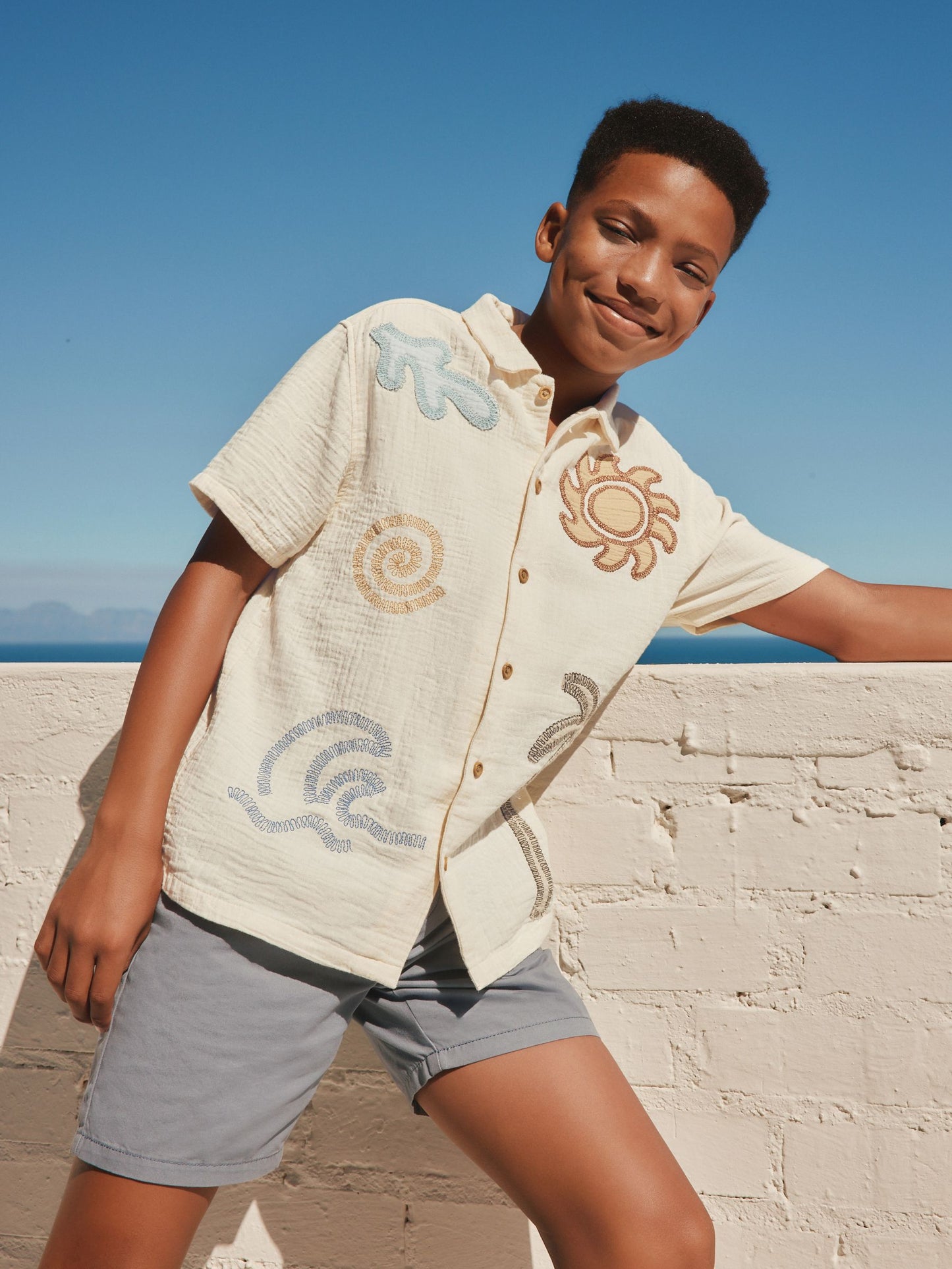 Dsiney Kidz - Ecru Embroidery Sun Palm Short Sleeve Palm Embriodered Shirt (3-16yrs) image 1