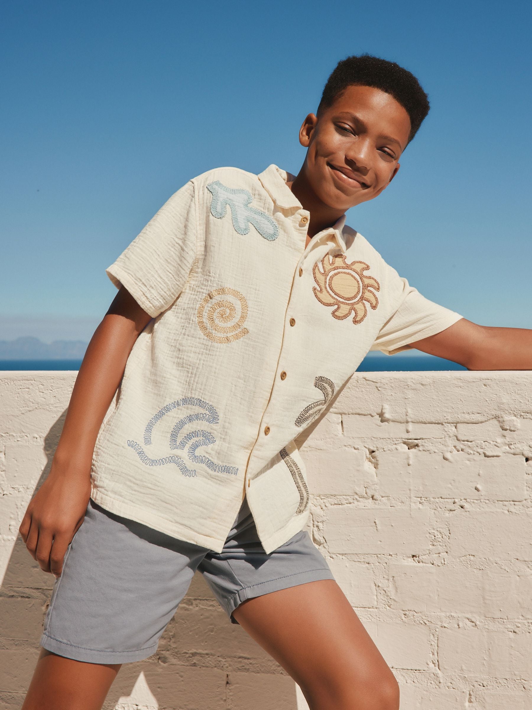 Dsiney Kidz - Ecru Embroidery Sun Palm Short Sleeve Palm Embriodered Shirt (3-16yrs) image 1