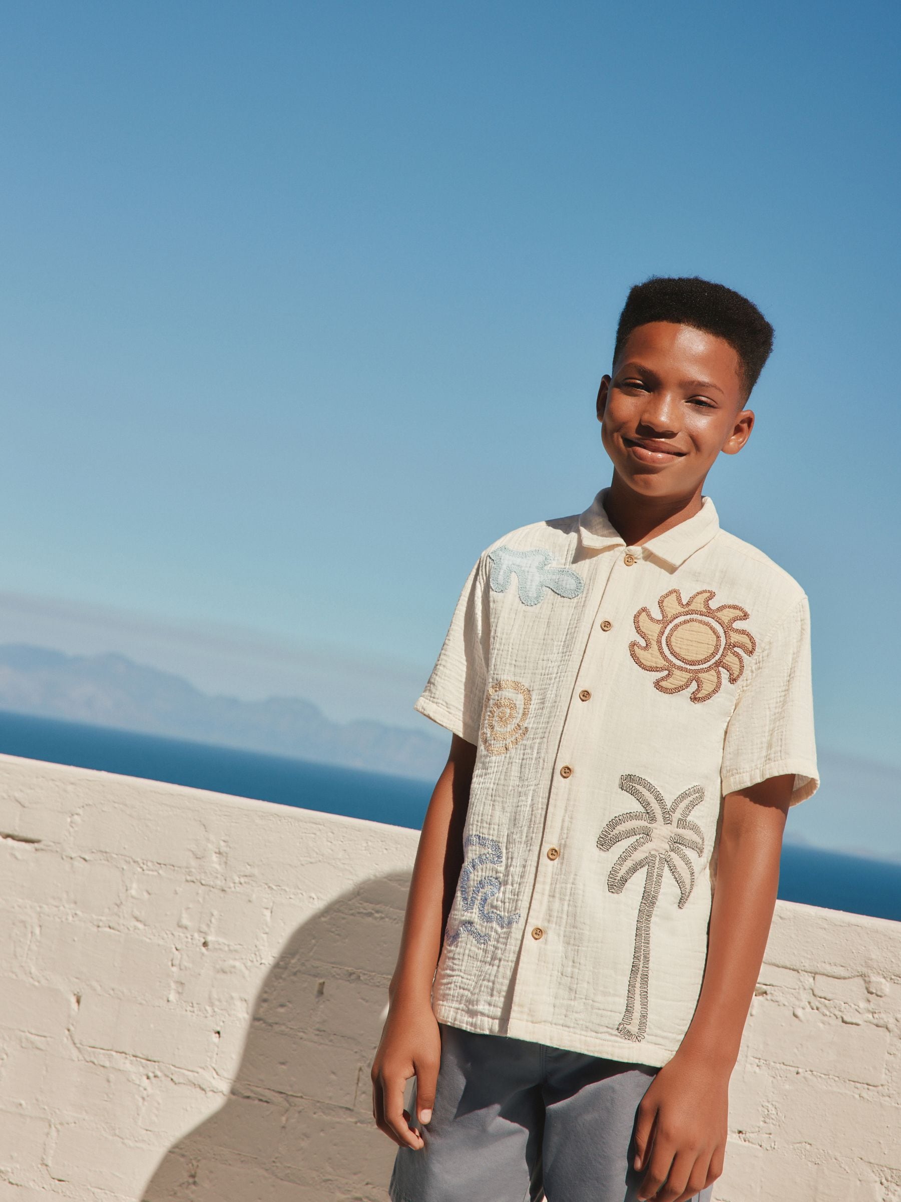 Dsiney Kidz - Ecru Embroidery Sun Palm Short Sleeve Palm Embriodered Shirt (3-16yrs) image 3