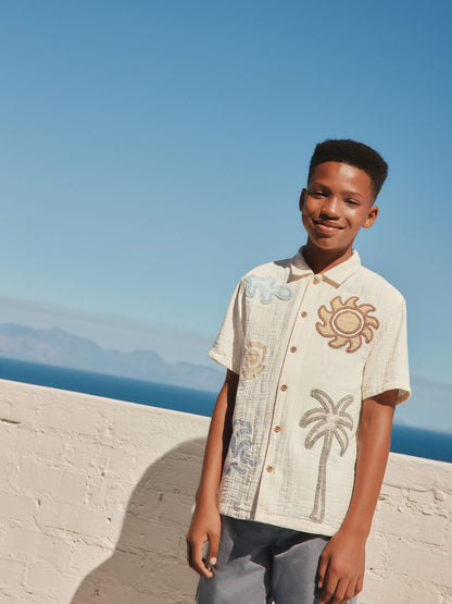Dsiney Kidz - Ecru Embroidery Sun Palm Short Sleeve Palm Embriodered Shirt (3-16yrs) image 3