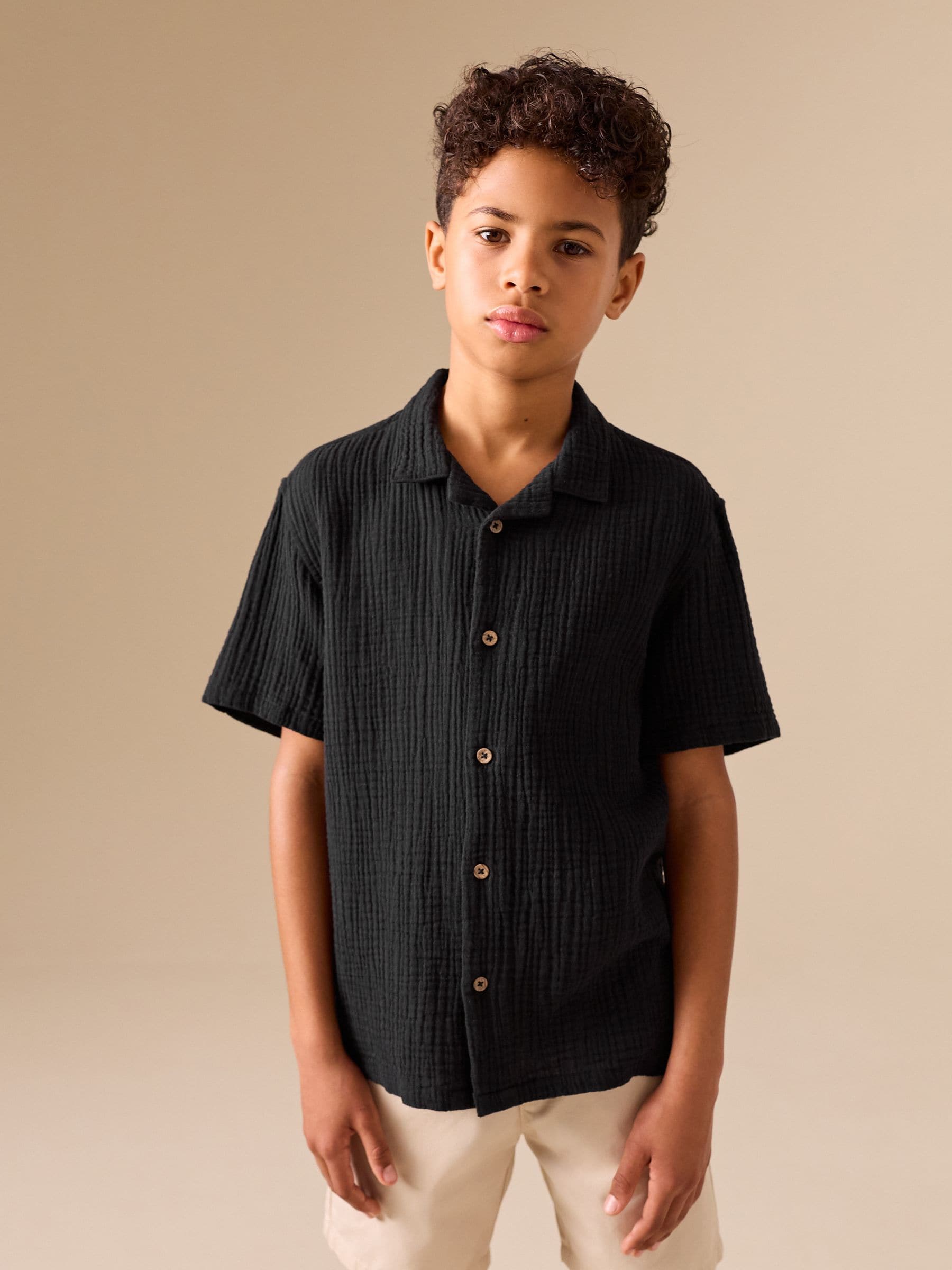 Dsiney Kidz - Black Short Sleeve Revere Collar Double Cloth Shirt (3-16yrs) image 1