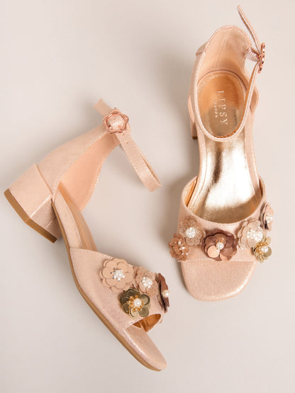 Lipsy Rosegold Sequin Corsage Occasion Flower Girl Block Heel Sandals image 1