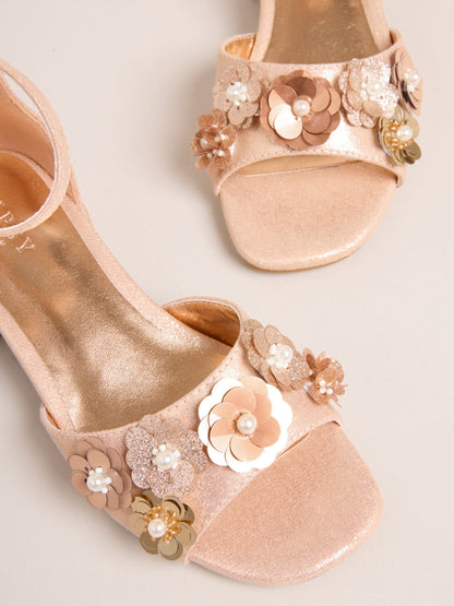 Lipsy Rosegold Sequin Corsage Occasion Flower Girl Block Heel Sandals image 3