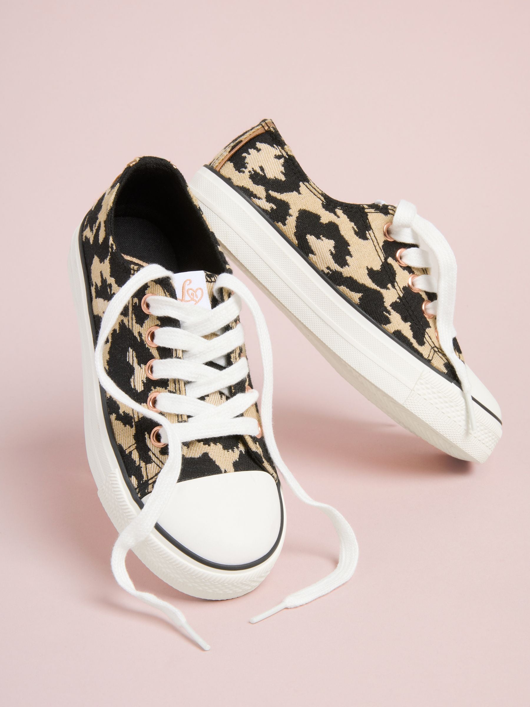 Lipsy Neutral Leopard Print Low Top Lace-Up Canvas Baseball Trainers image 1