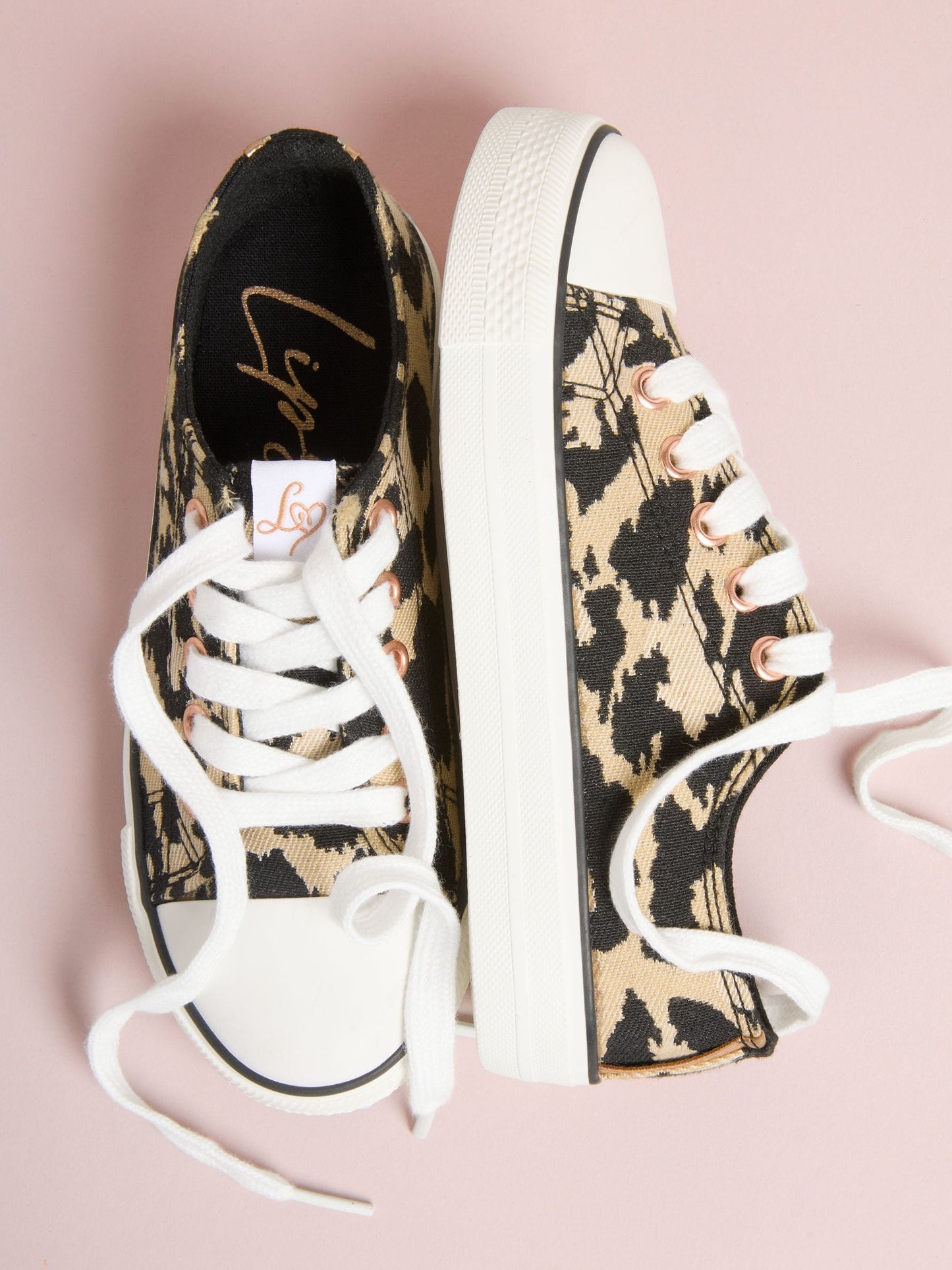 Lipsy Neutral Leopard Print Low Top Lace-Up Canvas Baseball Trainers image 2